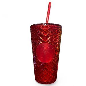 Starbucks 2021 Red Holiday Jeweled Grande 16oz Tumbler Cold Cup w/ Lid and Straw